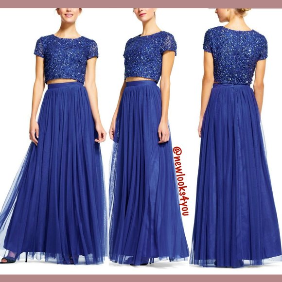 Adrianna Papell Sequin Top & Tulle‎ Ballgown in Neptune Blue [SZ 4 ] - Picture 1 of 16
